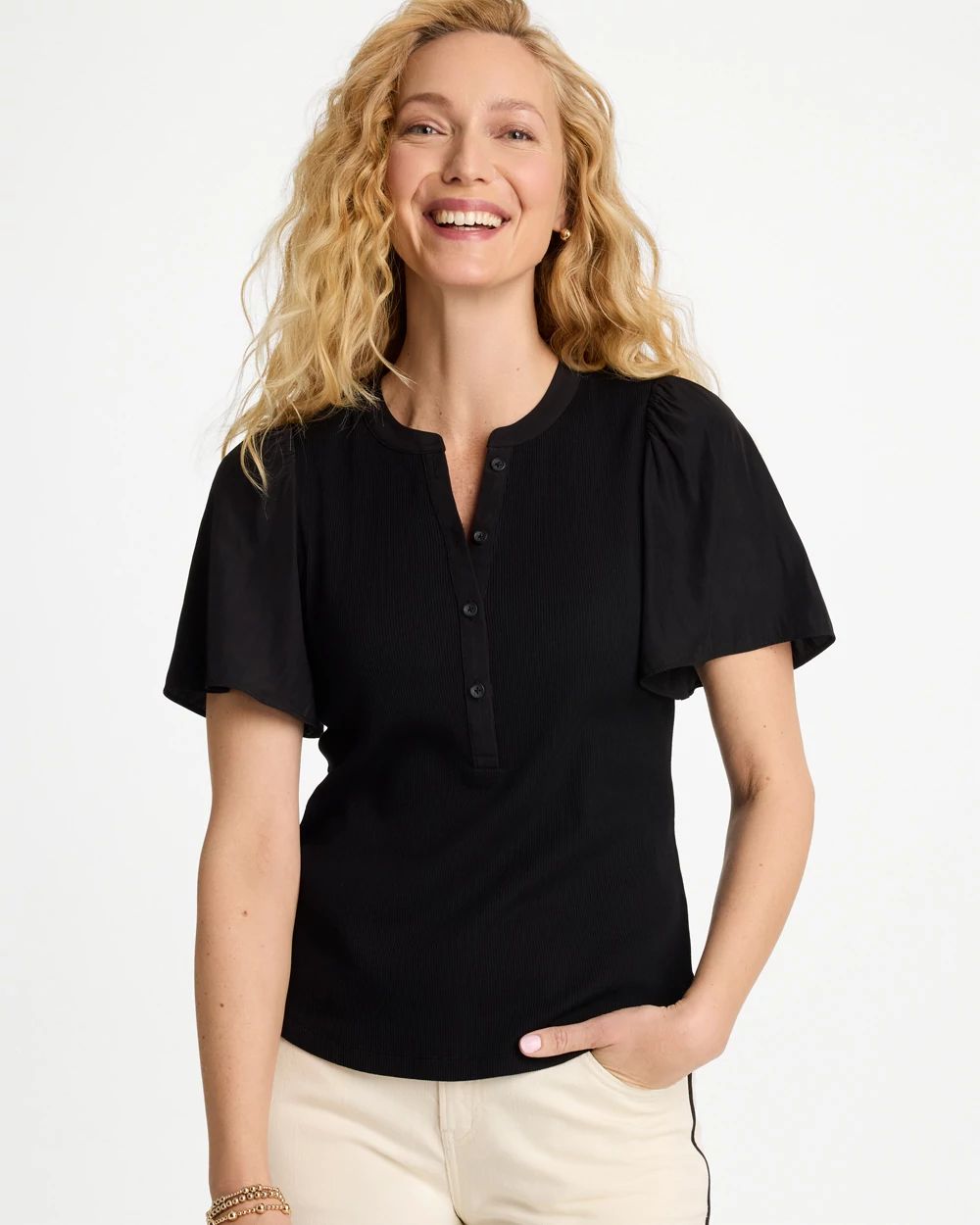 Rib Knit Woven Flutter Sleeve Tee | Chico's